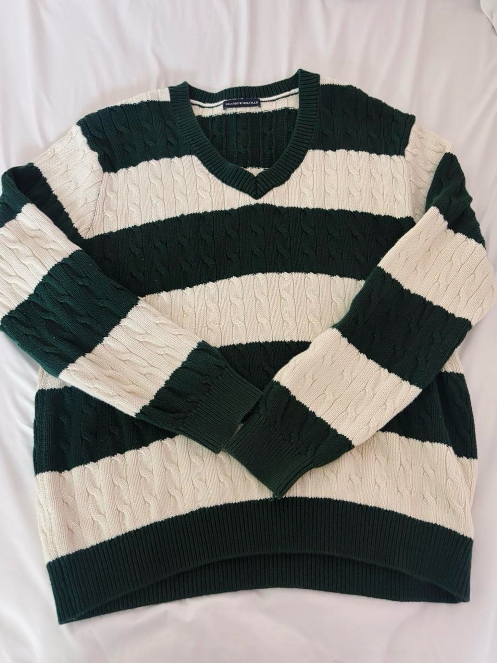 Brandy Melville Dark Green & Cream Striped Cable Knit V-Neck Sweater